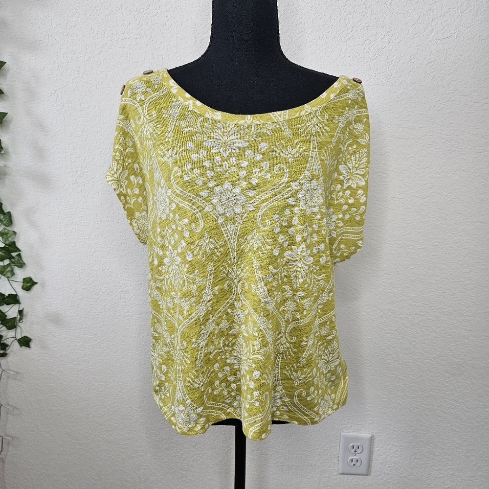 Joie Linen Blend Boho Print Yellow Green Button Detail Scoopneck Paisley Top